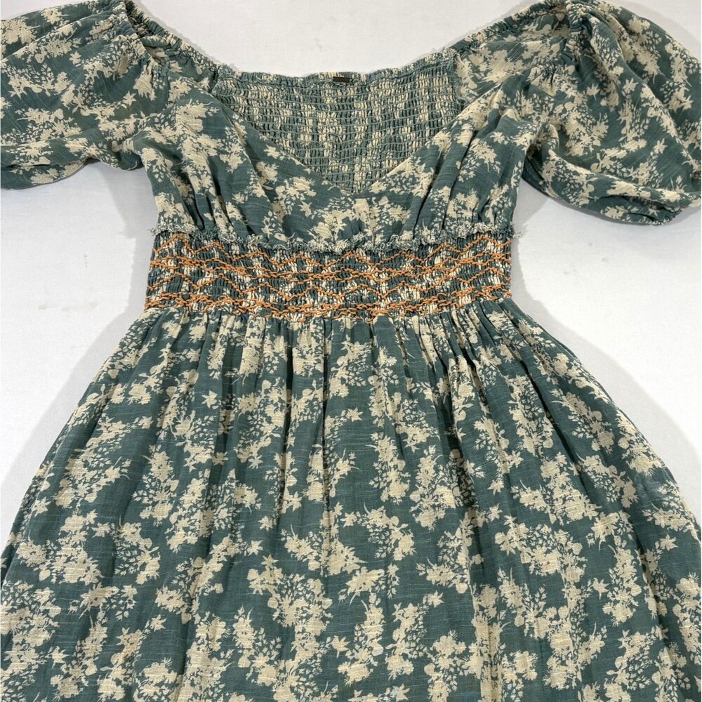 Free People Ellie Boho Green Floral Puff Sleeve Smock Bodice Maxi Dress Sz S - Picture 5 of 15